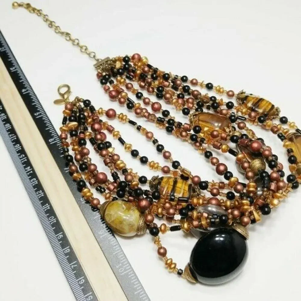 Chico's Lucite Multi-Strand Beaded Necklace, 9 Strand, Brown Black Gold, 20 Inch